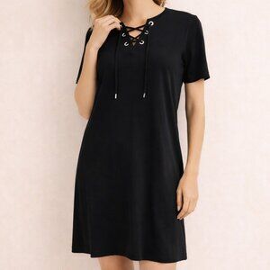 Carmen Marc Valvo Lace-Up T-Shirt Dress Black Short Sleeve Shift M